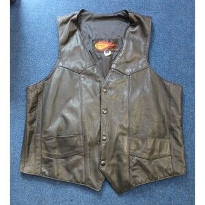 Vintage PNC Black Leather Motorcycle Snap Button Vest  Pockets Large